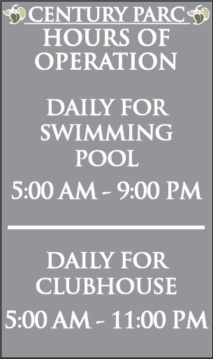 sign showing the pool and clubhouse hours of operation