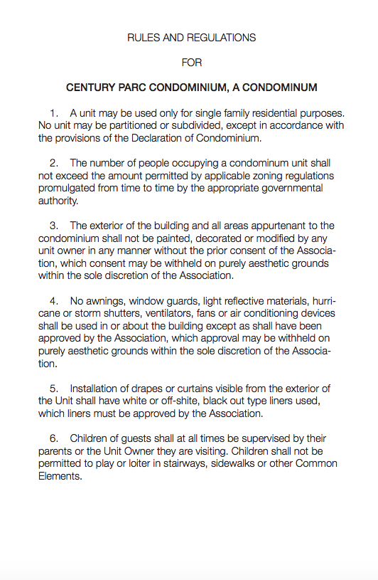 Note indicating rules and regulations of the condominium
