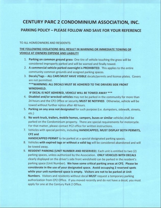 Rules Regulations Century Parc 2 Condominium Association